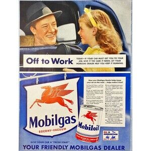 Mobilgas & Oil "Dad off to work saying goodbye to daughter"Vintage Print Ad 1942